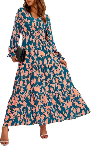 Women Fall Dresses 2025 Casual Long Sleeve V Neck Wedding Guest Dress Floral Boho Flowy Elegant Maxi Dresses