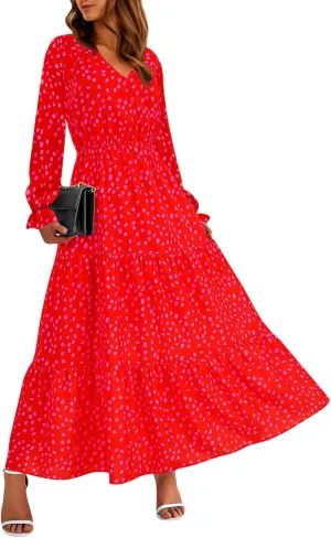 Women Fall Dresses 2025 Casual Long Sleeve V Neck Wedding Guest Dress Floral Boho Flowy Elegant Maxi Dresses
