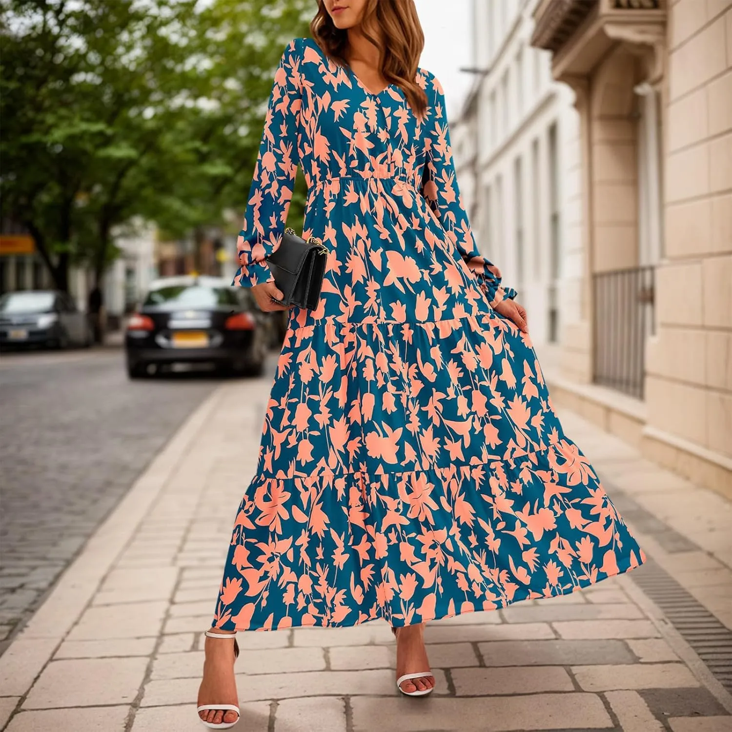 Women Fall Dresses 2025 Casual Long Sleeve V Neck Wedding Guest Dress Floral Boho Flowy Elegant Maxi Dresses