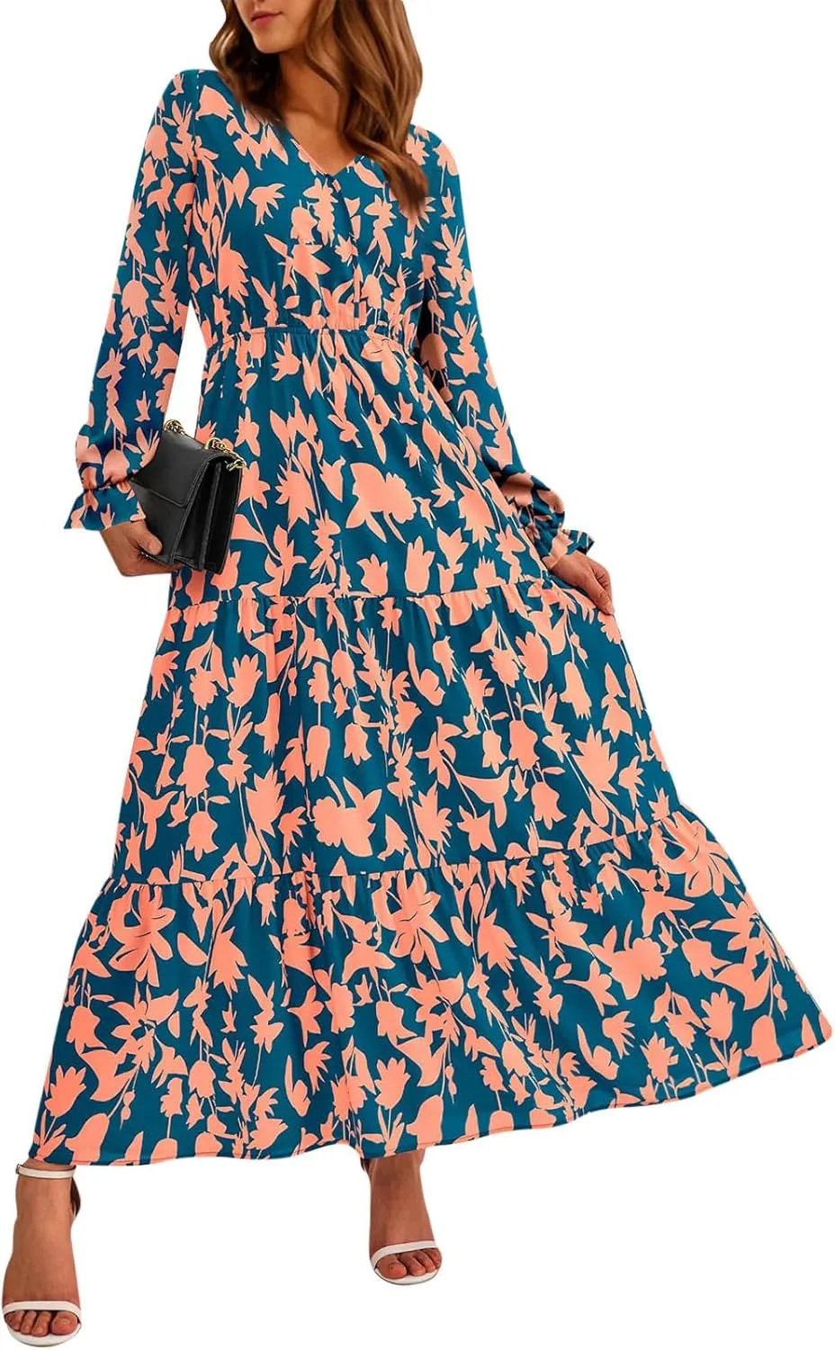 Women Fall Dresses 2025 Casual Long Sleeve V Neck Wedding Guest Dress Floral Boho Flowy Elegant Maxi Dresses