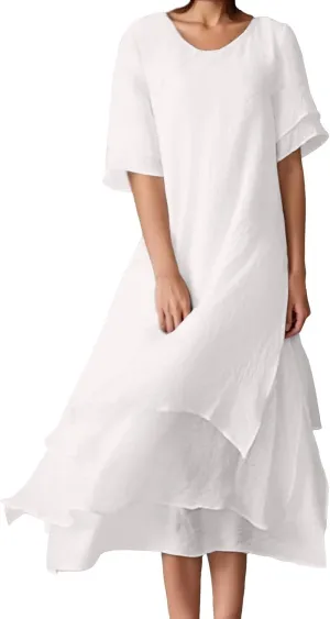 Women Fashion Solid Casual Double Layer Slit Short Sleeved Crew Neck Dress Long Sleeve Body Dress