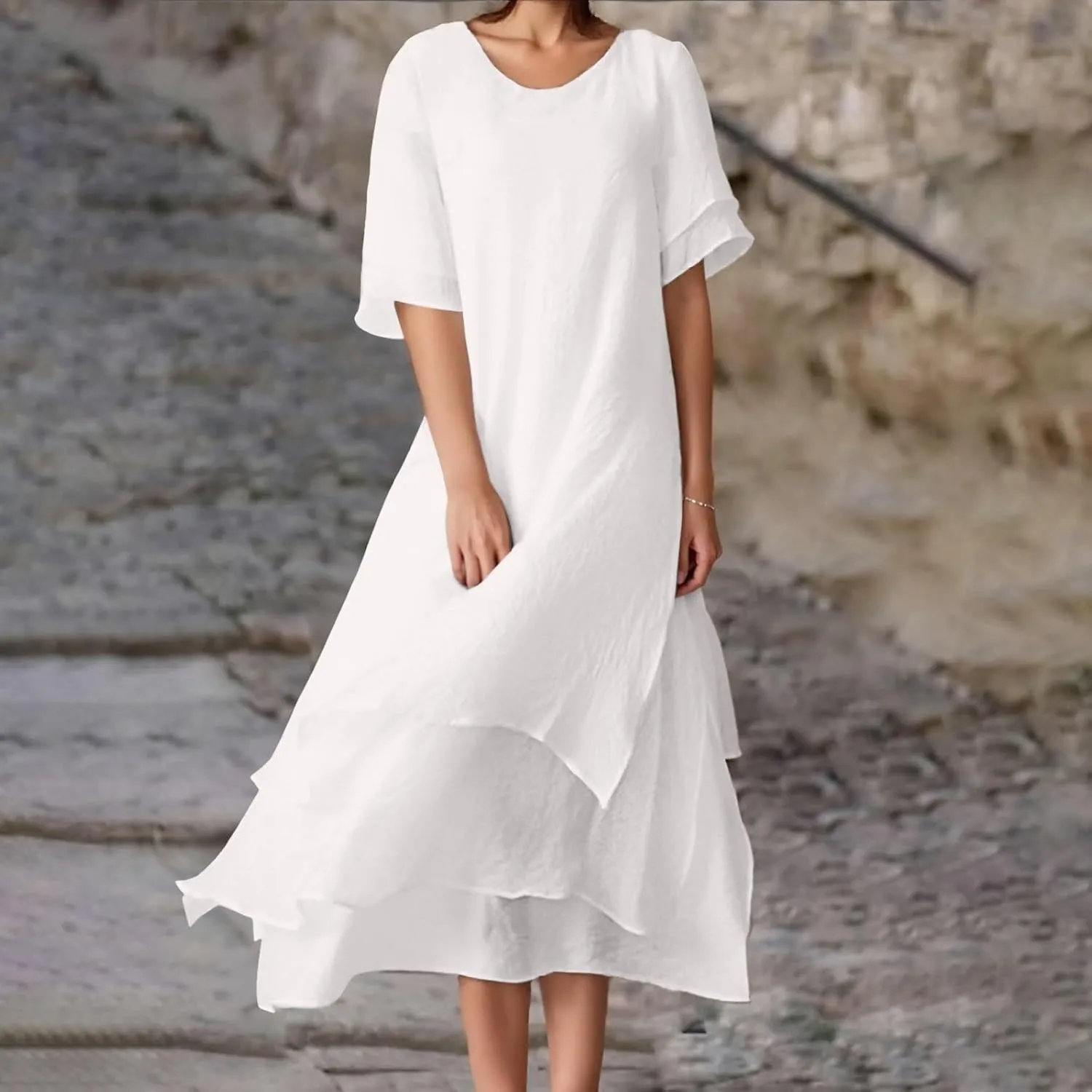 Women Fashion Solid Casual Double Layer Slit Short Sleeved Crew Neck Dress Long Sleeve Body Dress