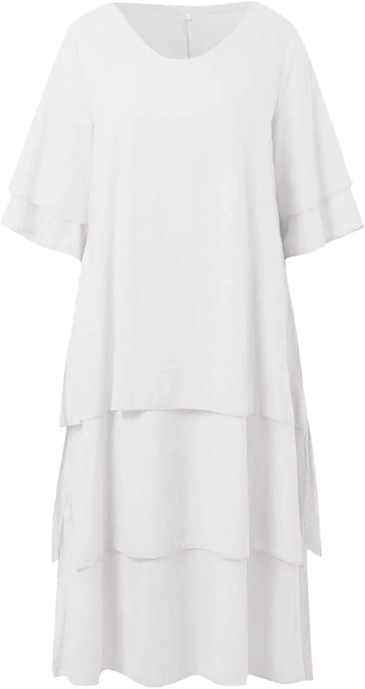 Women Fashion Solid Casual Double Layer Slit Short Sleeved Crew Neck Dress Long Sleeve Body Dress