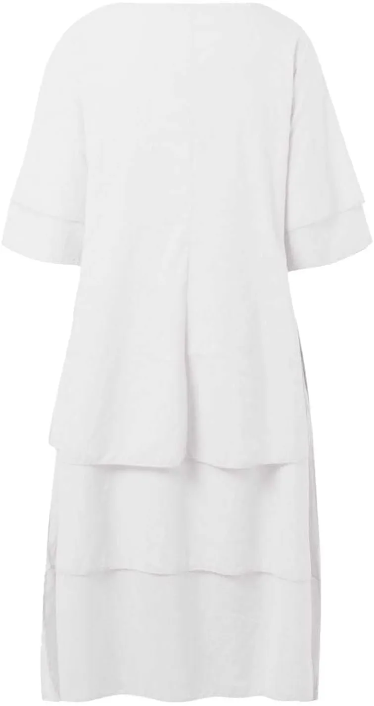 Women Fashion Solid Casual Double Layer Slit Short Sleeved Crew Neck Dress Long Sleeve Body Dress