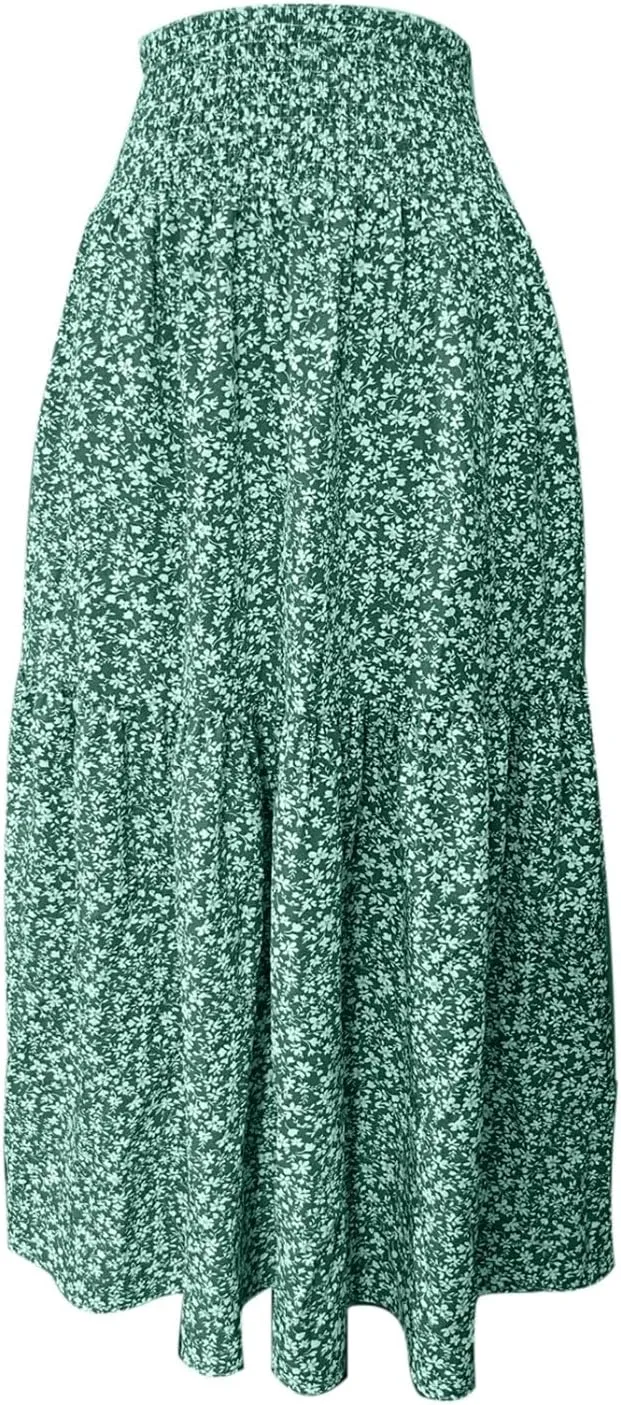 Women Flowy Long Boho Floral Maxi Skirt Elastic High Waist Tiered Pleated Summer Casual Beach Skirt