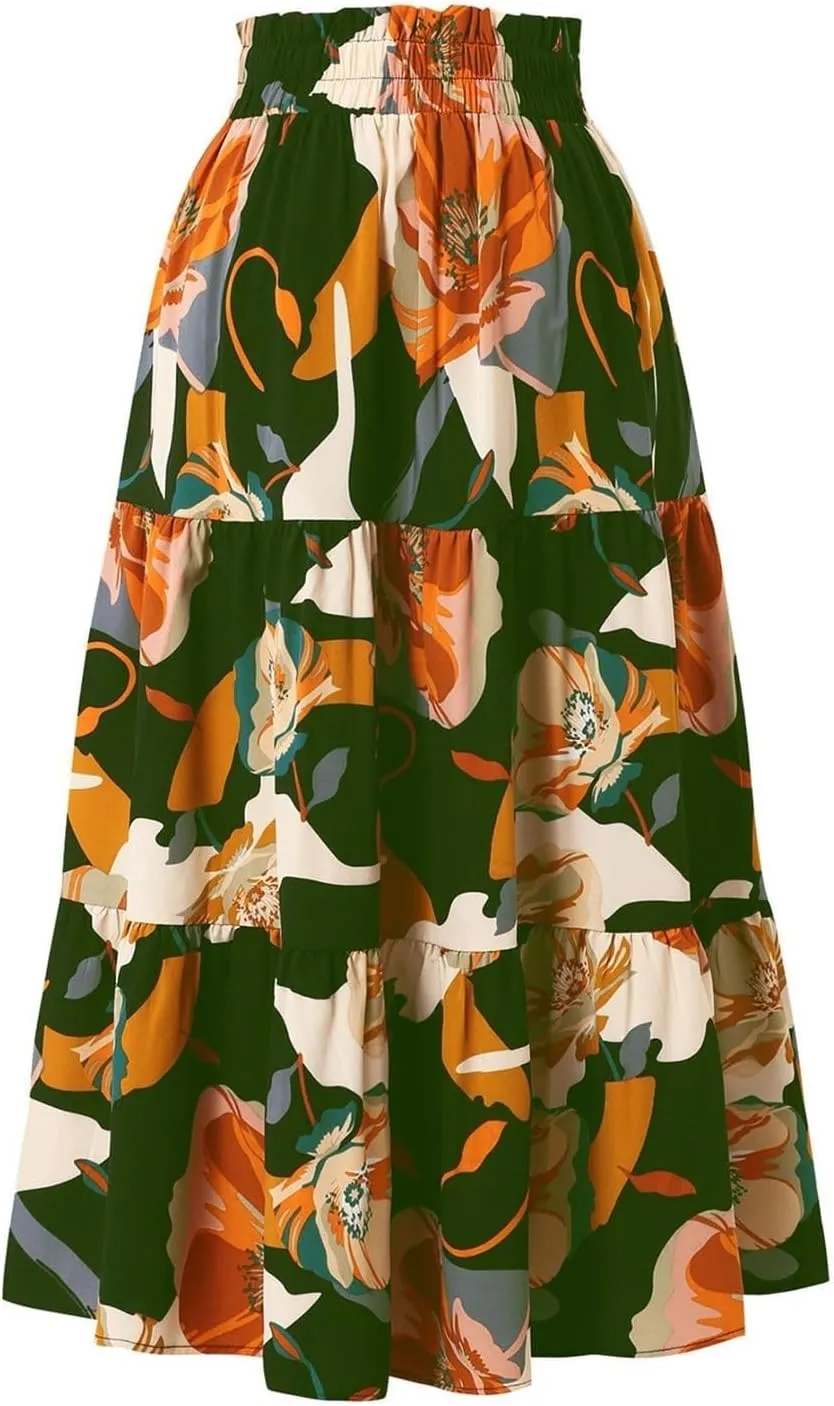 Women Flowy Long Boho Floral Maxi Skirt Elastic High Waist Tiered Pleated Summer Casual Beach Skirt