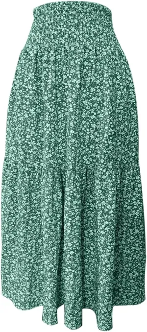Women Flowy Long Boho Floral Maxi Skirt Elastic High Waist Tiered Pleated Summer Casual Beach Skirt