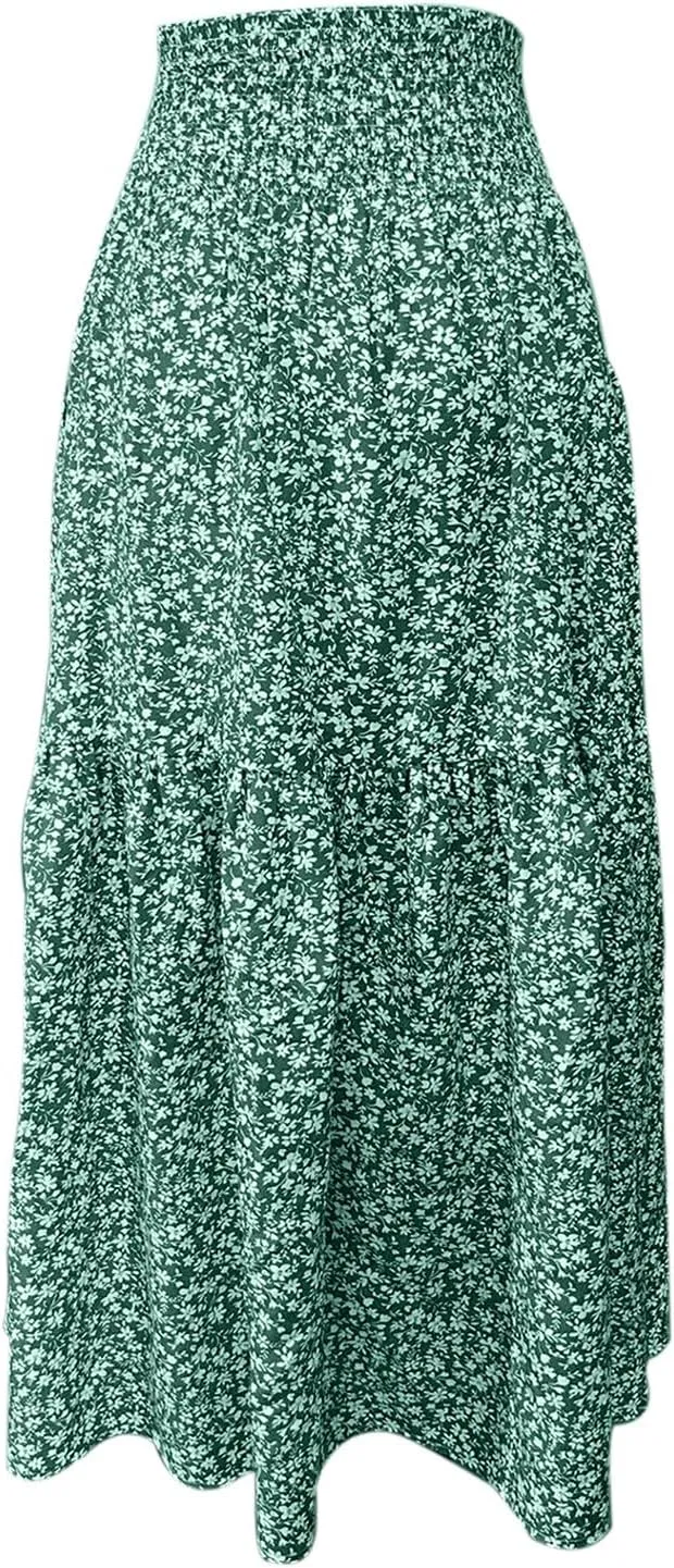 Women Flowy Long Boho Floral Maxi Skirt Elastic High Waist Tiered Pleated Summer Casual Beach Skirt