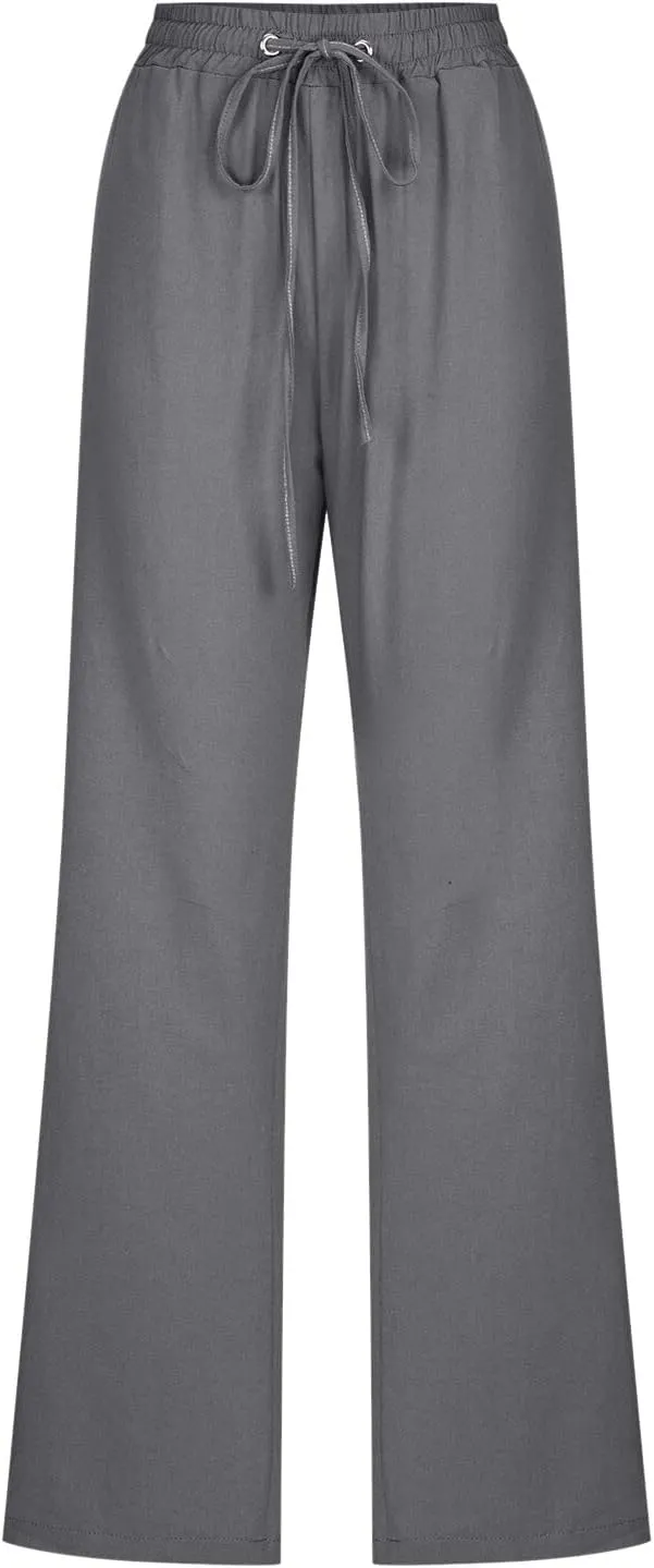 Women High Waisted Wide Leg Pants Casual Drawstring Elastic Trousers Comfy Straight Leg Long Pants Solid Color