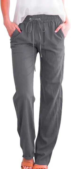 Women High Waisted Wide Leg Pants Casual Drawstring Elastic Trousers Comfy Straight Leg Long Pants Solid Color
