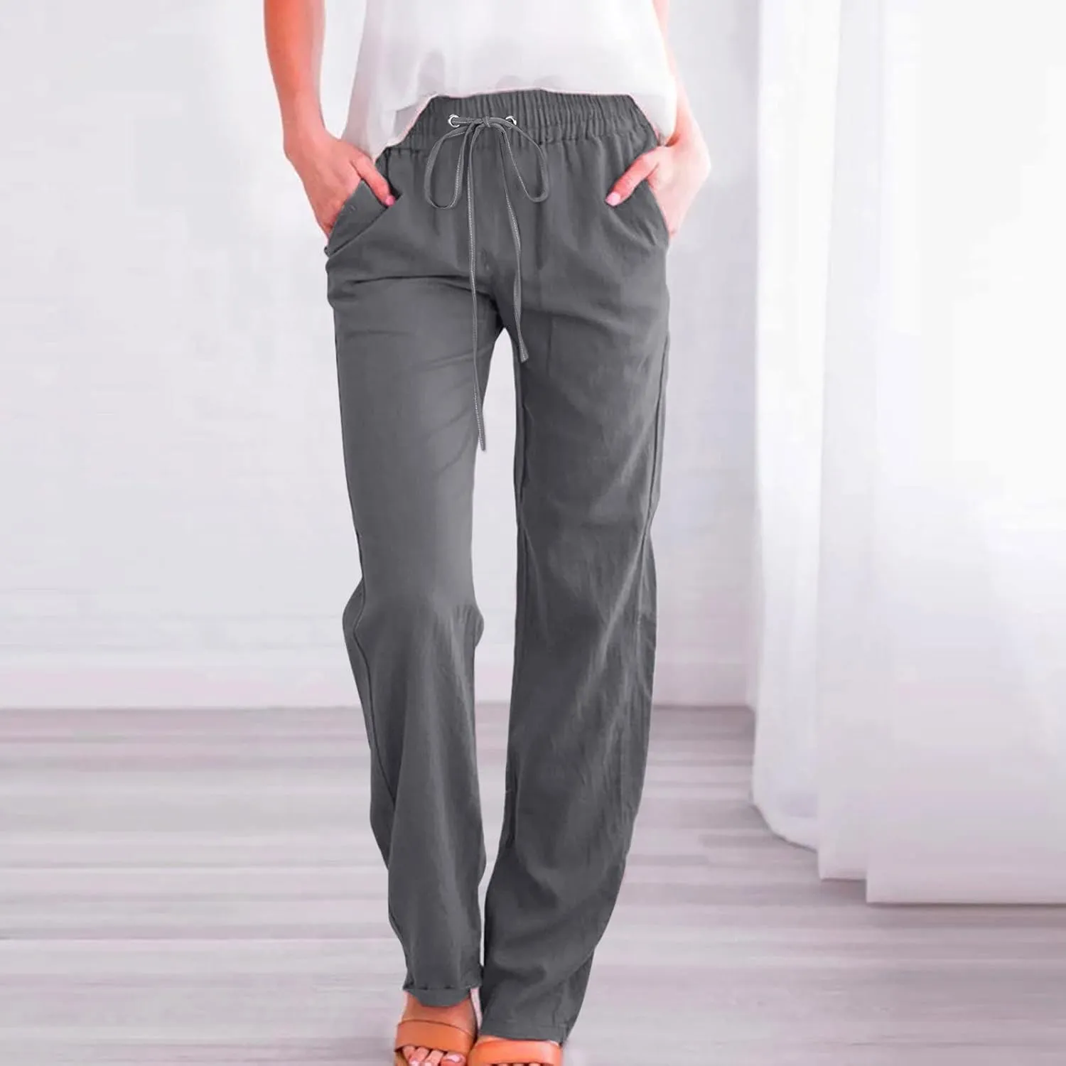 Women High Waisted Wide Leg Pants Casual Drawstring Elastic Trousers Comfy Straight Leg Long Pants Solid Color