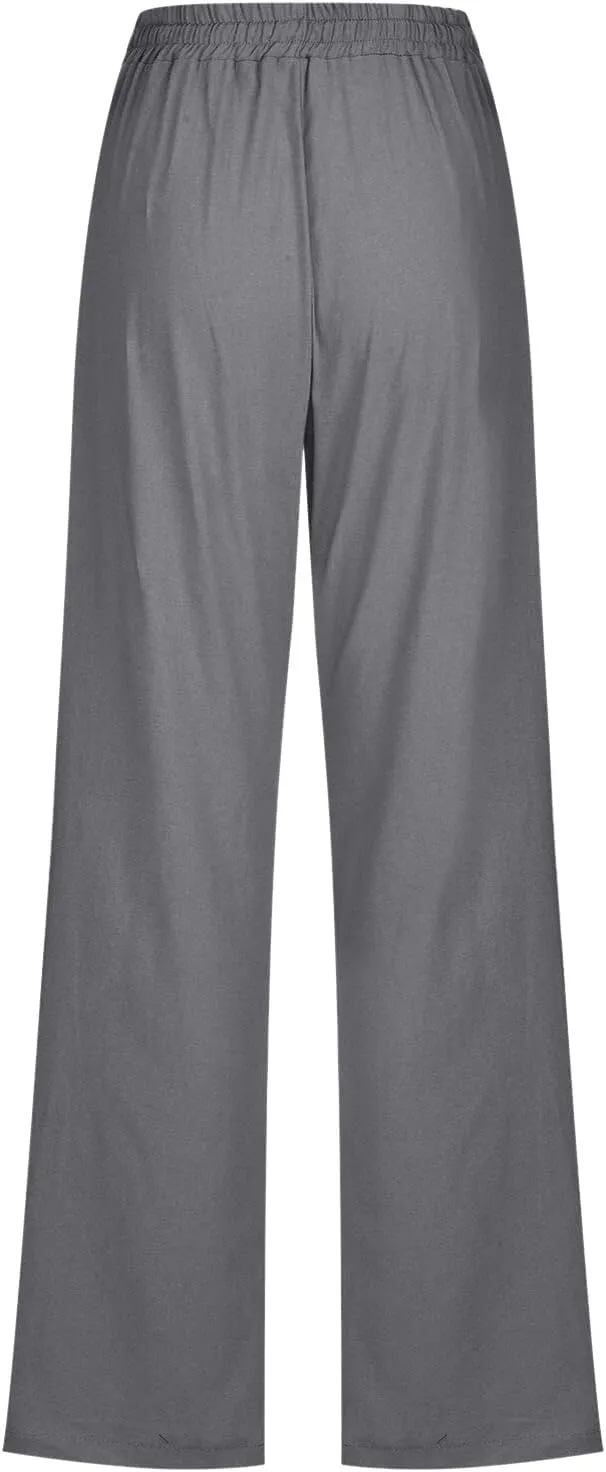 Women High Waisted Wide Leg Pants Casual Drawstring Elastic Trousers Comfy Straight Leg Long Pants Solid Color