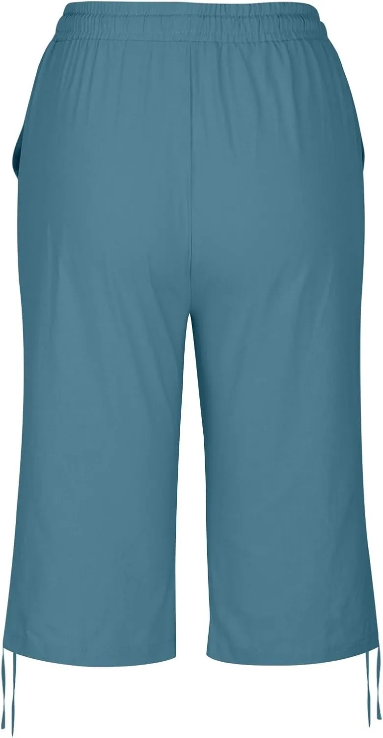 Women Linen Pants 2025 Summer Casual Capri Pants Cropped Tapered Lightweight Pants Travel Beach Outfits with Pocket