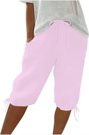 Women Linen Pants 2025 Summer Casual Capri Pants Cropped Tapered Lightweight Pants Travel Beach Outfits with Pocket
