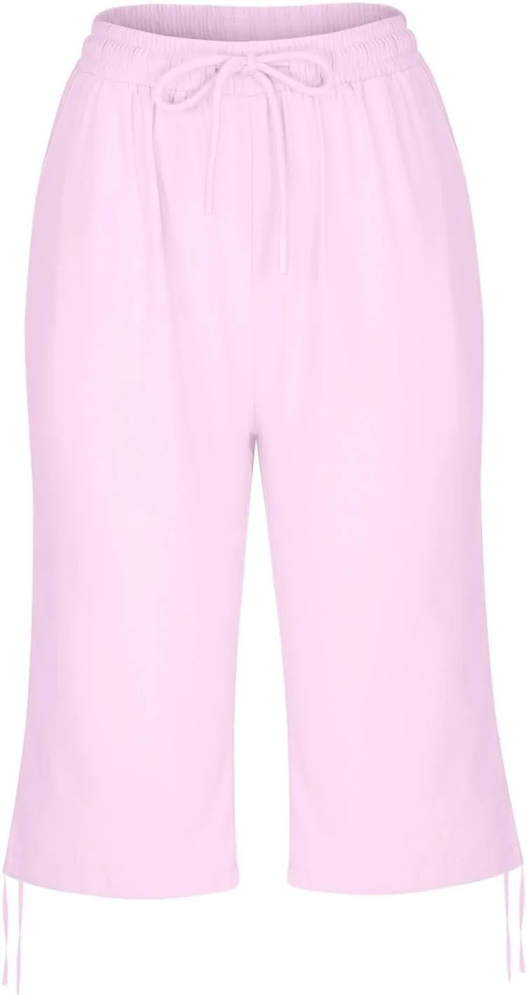Women Linen Pants 2025 Summer Casual Capri Pants Cropped Tapered Lightweight Pants Travel Beach Outfits with Pocket