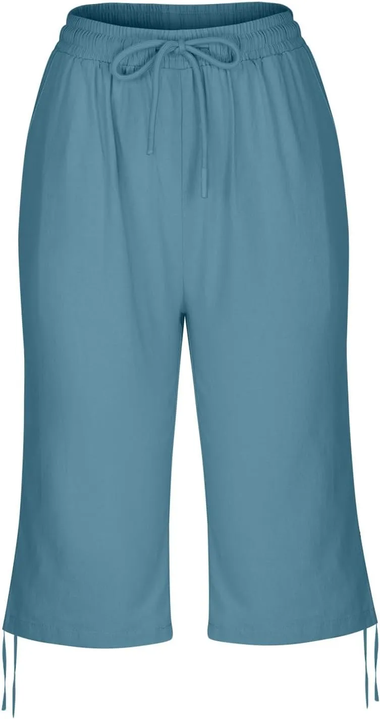 Women Linen Pants 2025 Summer Casual Capri Pants Cropped Tapered Lightweight Pants Travel Beach Outfits with Pocket