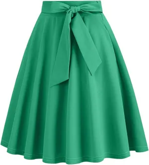 Women Retro Skirt 50s Vintage Hepburn Style High Waist Flared A-Line Skirts Rockabilly Midi Swing Skirt with Pocket