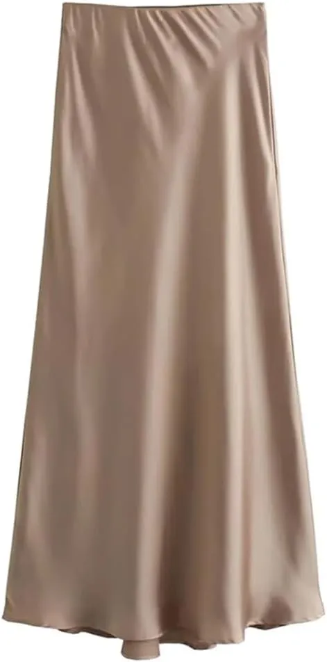 Women Satin Skirt Summer Midi Skirt Office Elegant Women's Skirts High Waist Long Skirts