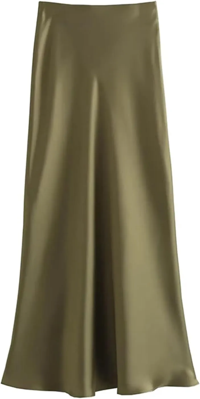 Women Satin Skirt Summer Midi Skirt Office Elegant Women's Skirts High Waist Long Skirts