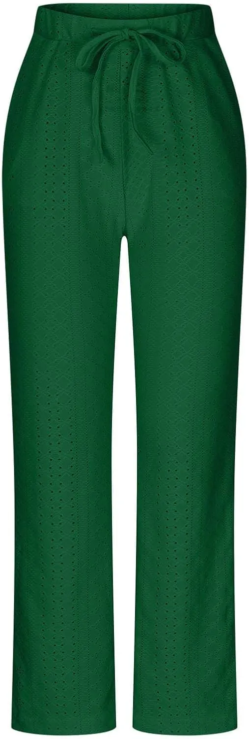 Women Straight Leg Pants Breathable Hollow Out Eyelets Wide Leg Pants Drawstring High Waist Pant Casual Yoga Trousers