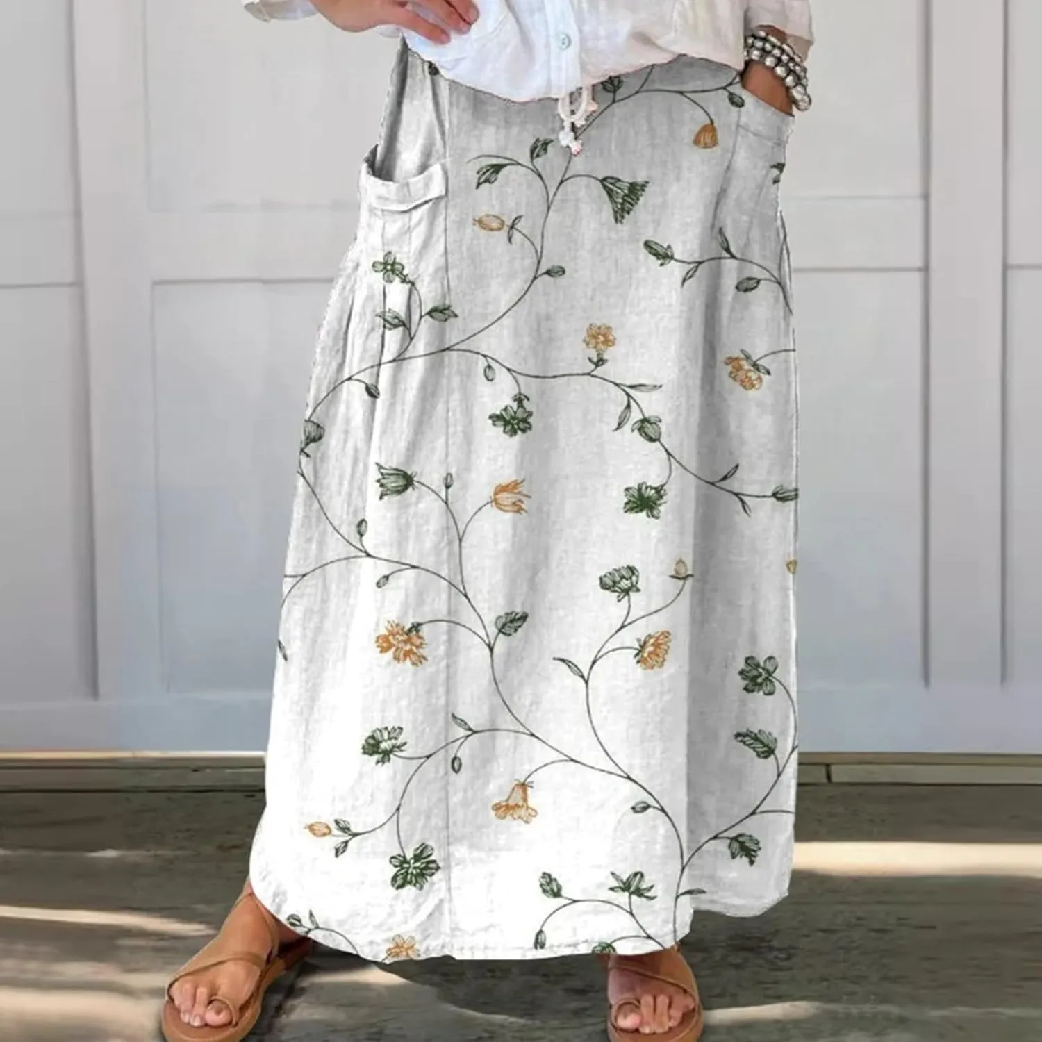 Women Summer Casual Flowy Long Skirts Boho Floral Elastic High Waist Tiered Pleated Beach Maxi Skirt