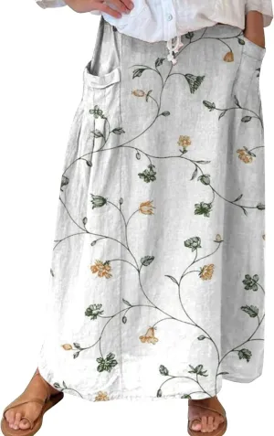 Women Summer Casual Flowy Long Skirts Boho Floral Elastic High Waist Tiered Pleated Beach Maxi Skirt