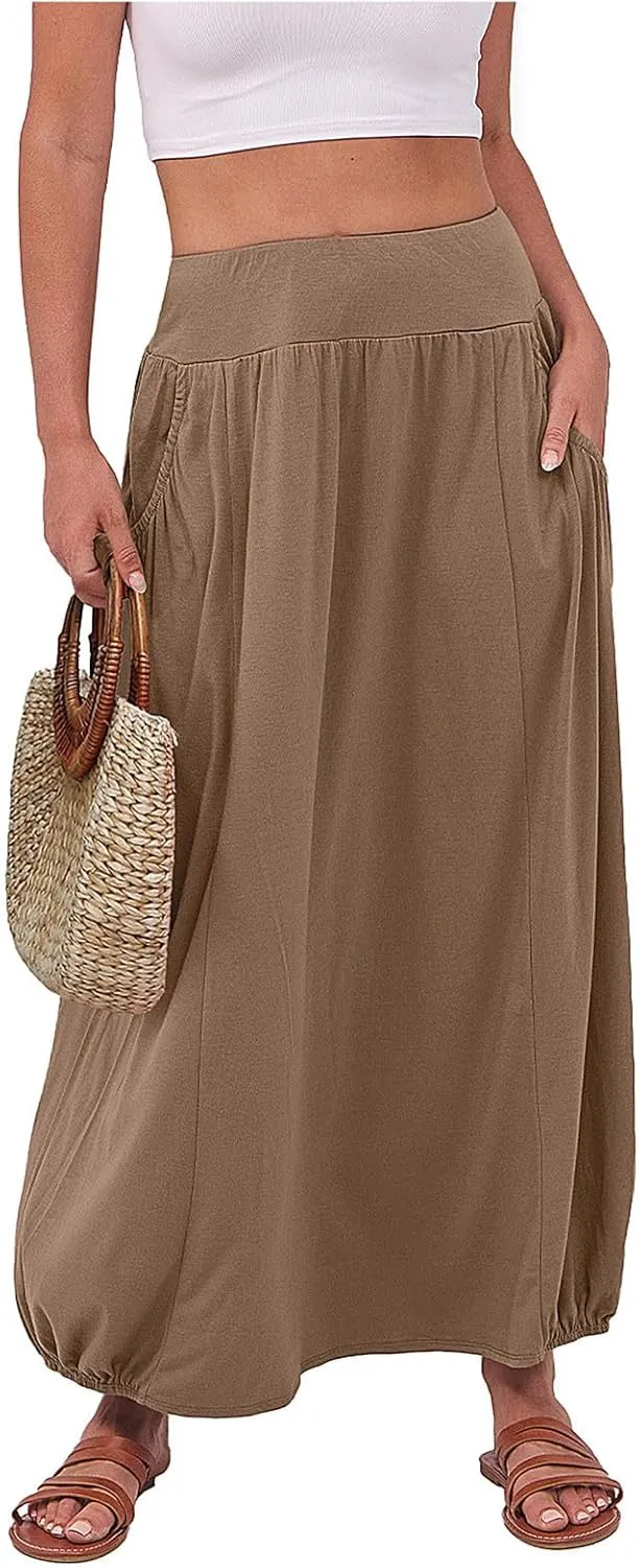 Women Summer Skirts with Pockets High Waist Casual Skirts Long Vacation Skirts Beach Boho Skirt Maxi Bubble Skirts