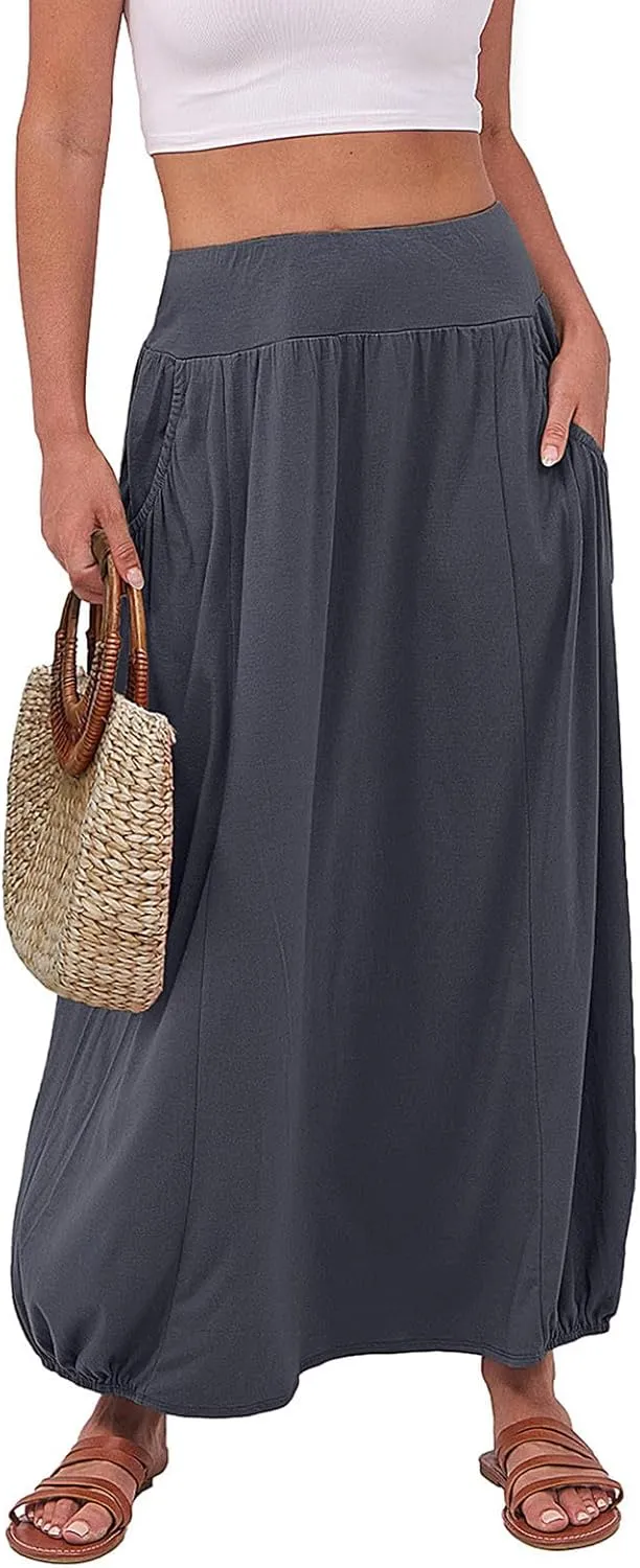 Women Summer Skirts with Pockets High Waist Casual Skirts Long Vacation Skirts Beach Boho Skirt Maxi Bubble Skirts
