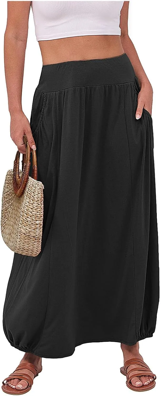 Women Summer Skirts with Pockets High Waist Casual Skirts Long Vacation Skirts Beach Boho Skirt Maxi Bubble Skirts