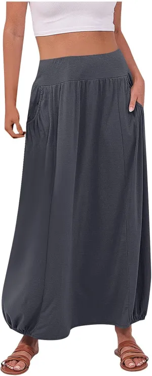 Women Summer Skirts with Pockets High Waist Casual Skirts Long Vacation Skirts Beach Boho Skirt Maxi Bubble Skirts