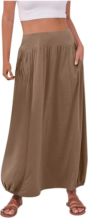 Women Summer Skirts with Pockets High Waist Casual Skirts Long Vacation Skirts Beach Boho Skirt Maxi Bubble Skirts