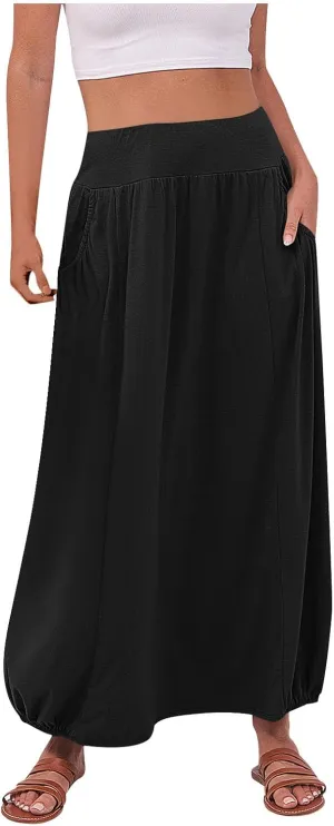 Women Summer Skirts with Pockets High Waist Casual Skirts Long Vacation Skirts Beach Boho Skirt Maxi Bubble Skirts