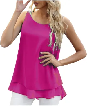 Women Tank Tops Dressy Sleeveless Solid Color Double Layers Chiffon Camisole Casual Summer Vacation Loose Casual Top