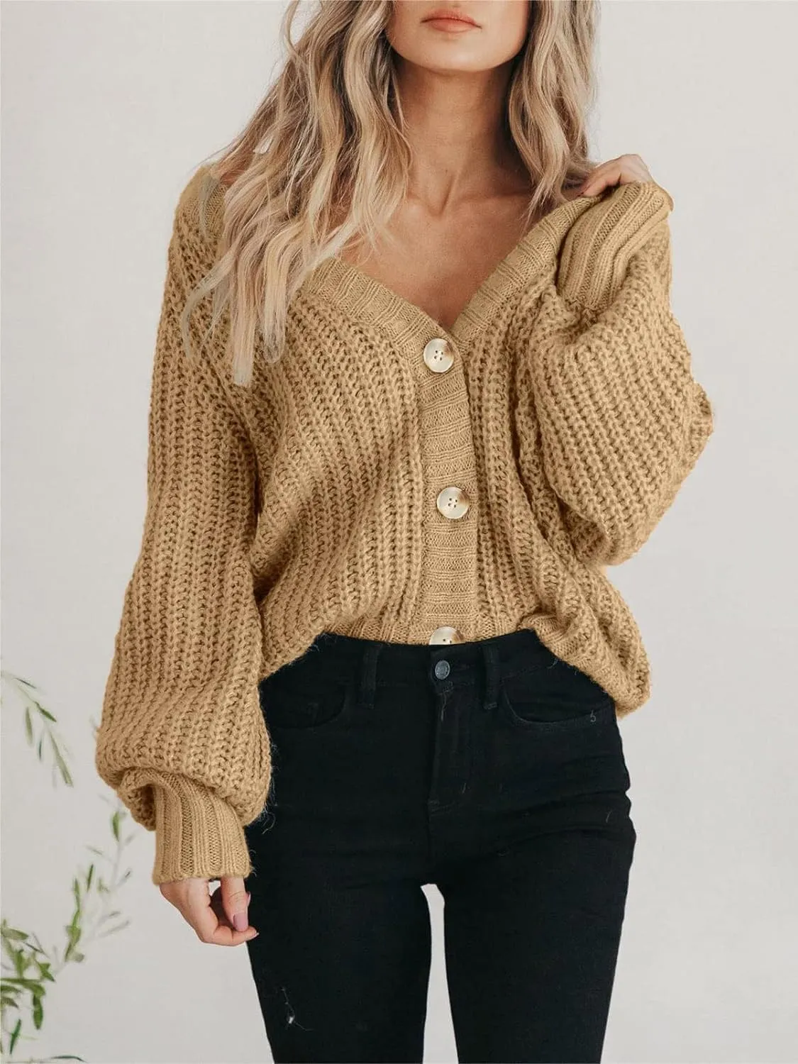 Women's 2023 Fall Open Front Chunky Knit Sweater Cardigan Oversized Basic Lantern Sleeve Button Down Cropped Outerwear