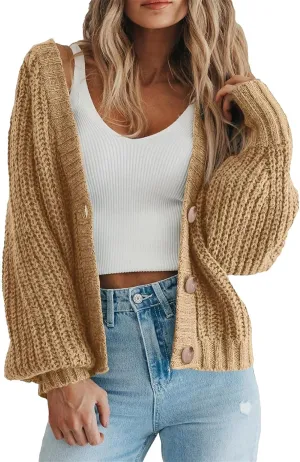 Women's 2023 Fall Open Front Chunky Knit Sweater Cardigan Oversized Basic Lantern Sleeve Button Down Cropped Outerwear