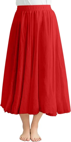 Women's 2025 Summer Linen Skirt Casual Elastic High Waist Flowy Long Skirts Solid Pleated Swing Skirt