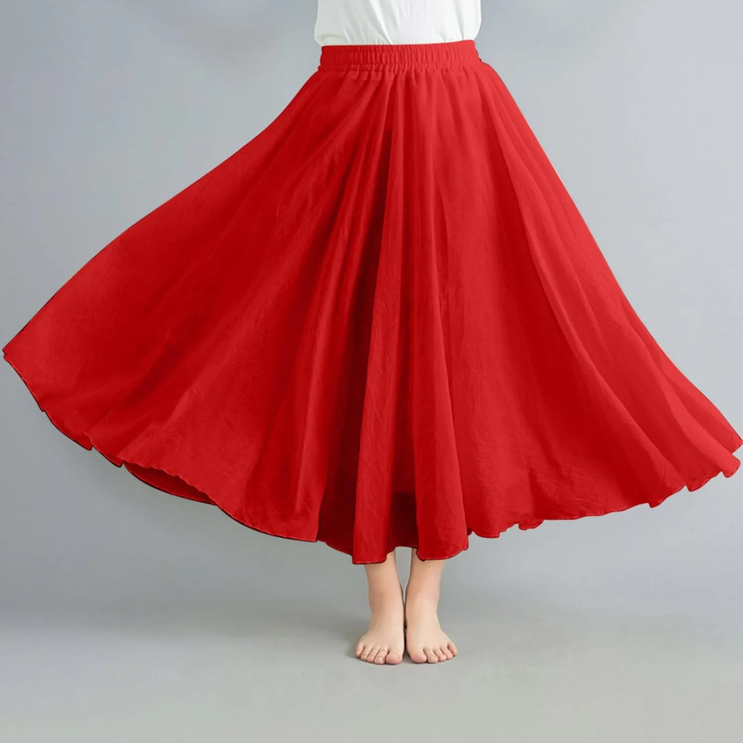 Women's 2025 Summer Linen Skirt Casual Elastic High Waist Flowy Long Skirts Solid Pleated Swing Skirt