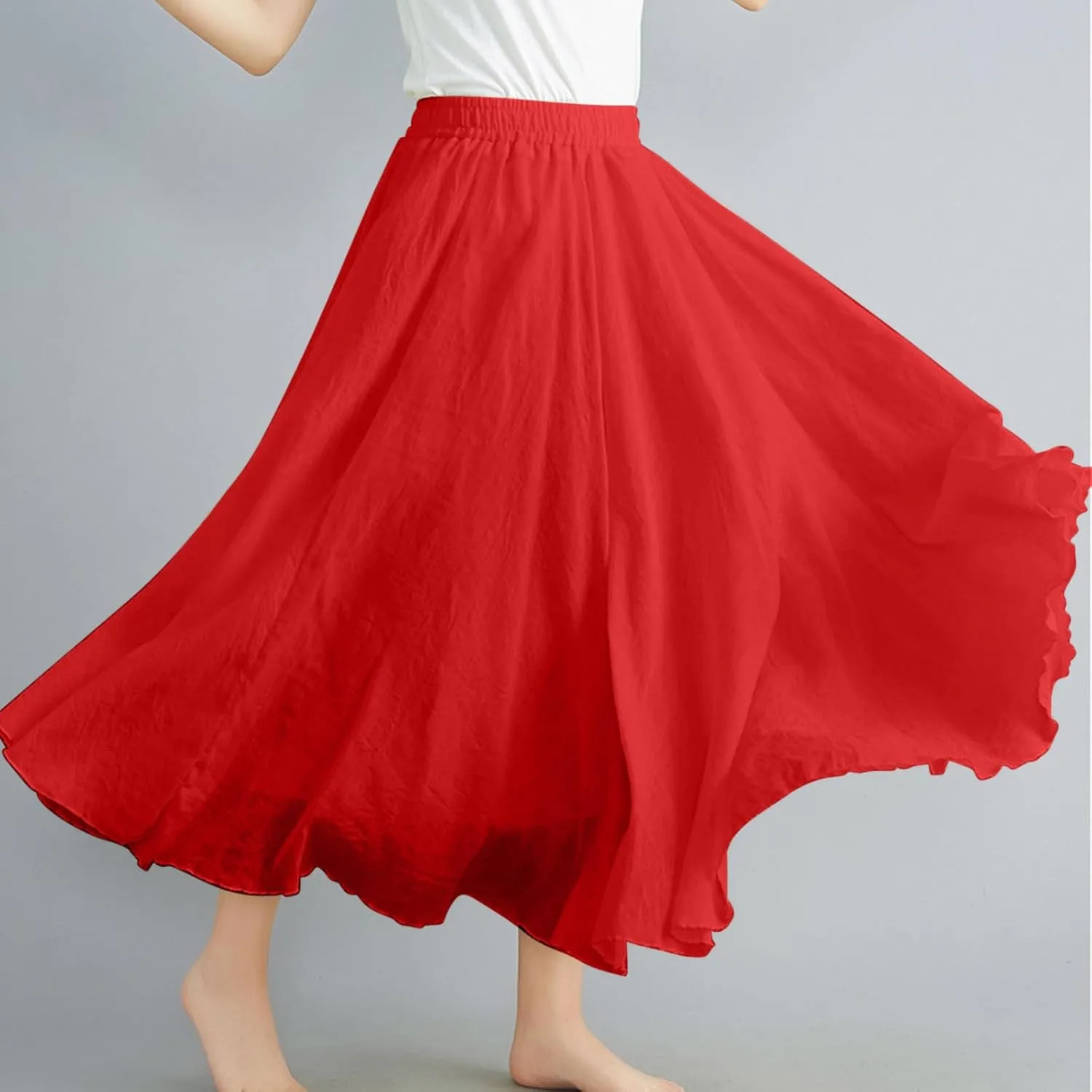 Women's 2025 Summer Linen Skirt Casual Elastic High Waist Flowy Long Skirts Solid Pleated Swing Skirt