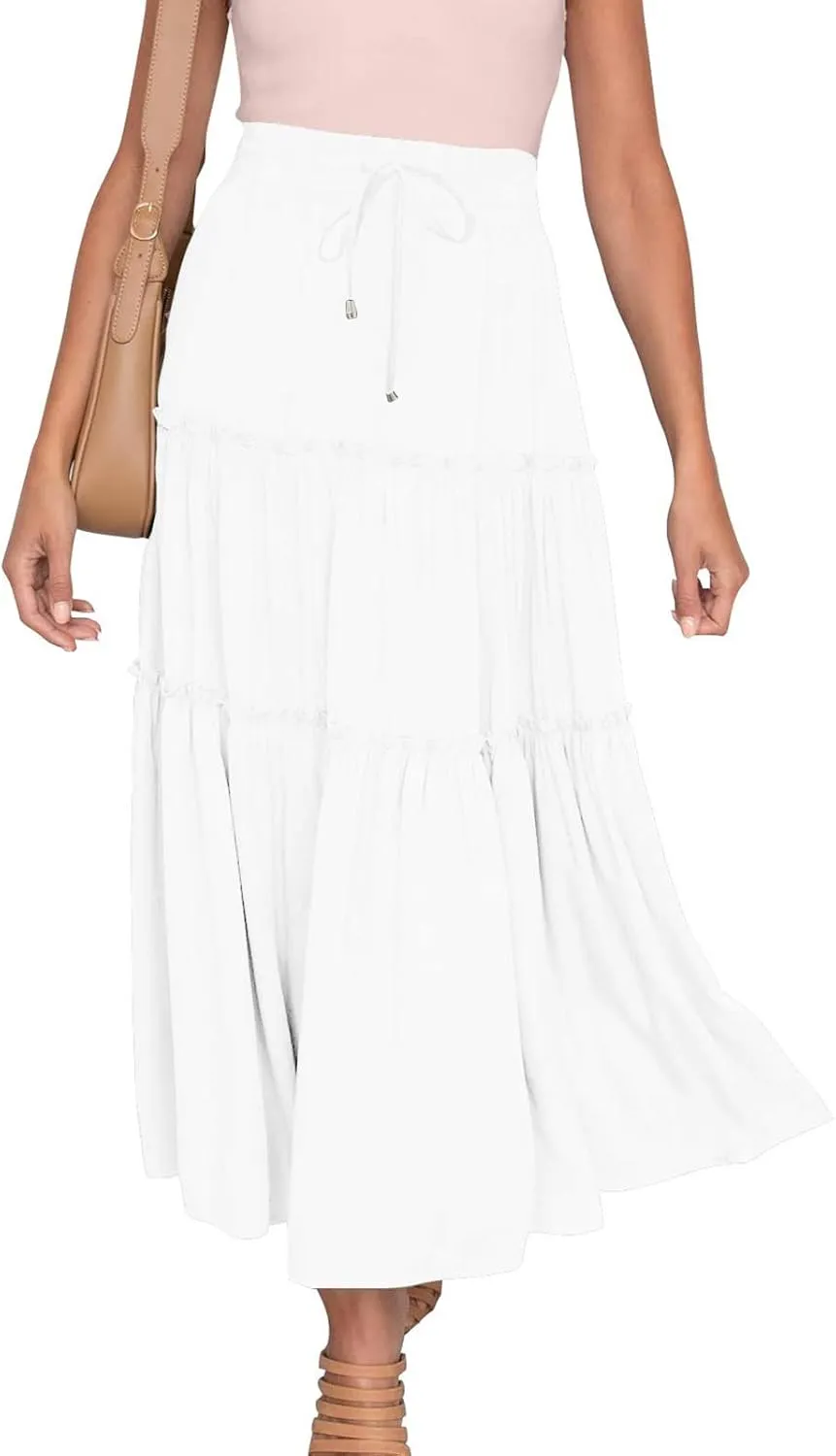 Womens 2025 Summer Long Flowy Skirt Elastic High Waist Boho Casual Maxi Skirt Tie Pleated Ruffle Tiered Skirts