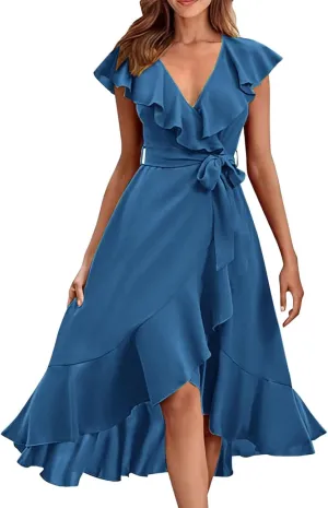 Women's 2025 Summer Wrap Midi Dress Casual Boho Deep V Neck Short Sleeve Ruffle Hem Split Beach Elegance Long Dresses
