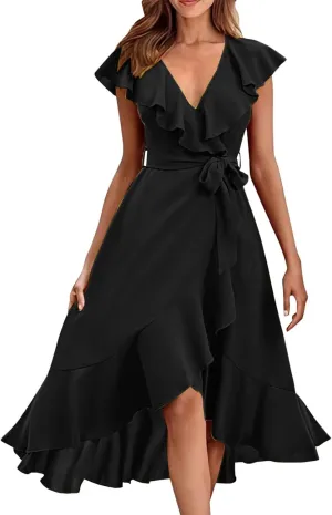 Women's 2025 Summer Wrap Midi Dress Casual Boho Deep V Neck Short Sleeve Ruffle Hem Split Beach Elegance Long Dresses