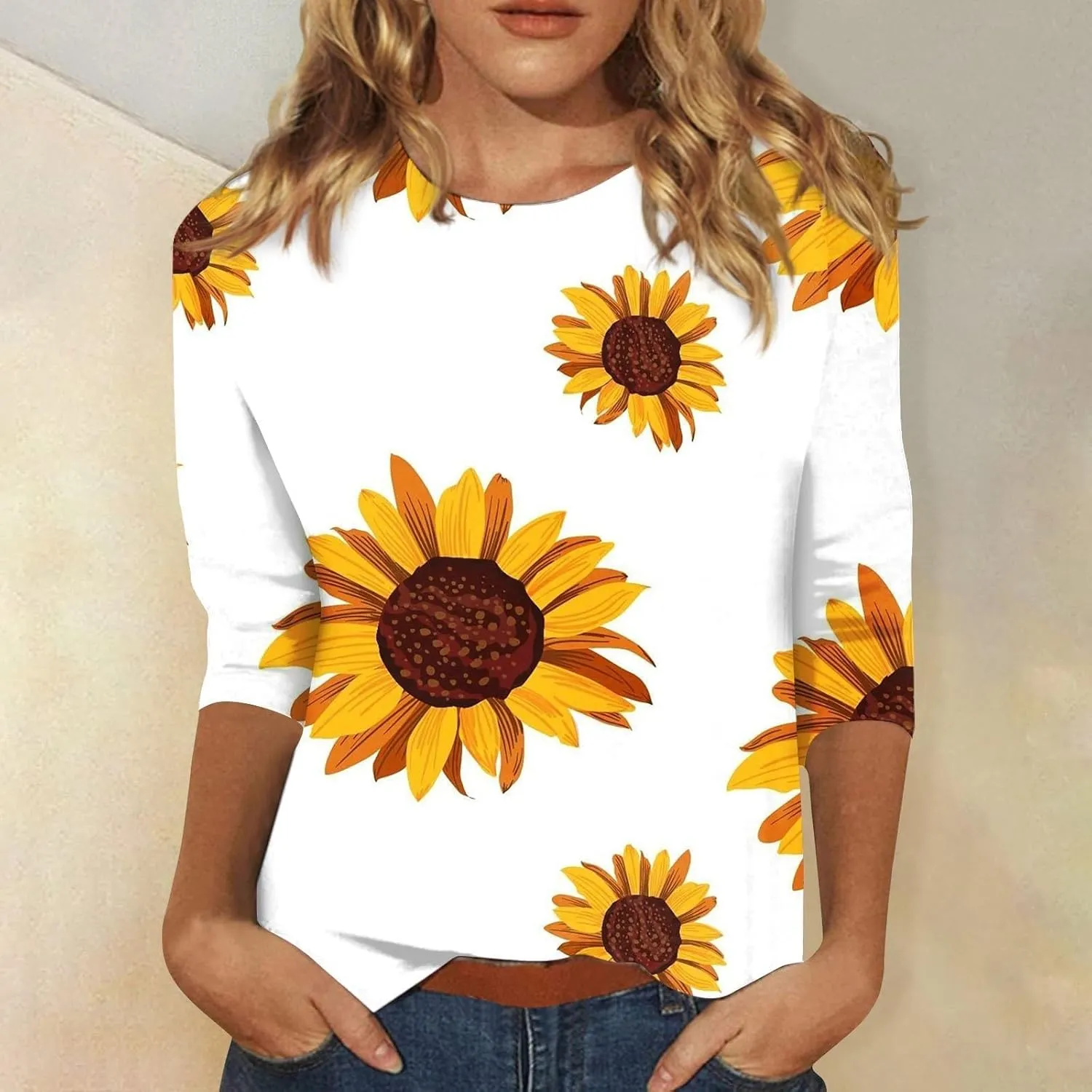 Womens 3/4 Length Sleeve Summer Shirts Floral Boho Blouses Tshirts Trendy Dressy Casual Tops Vacation 2024 Clothing