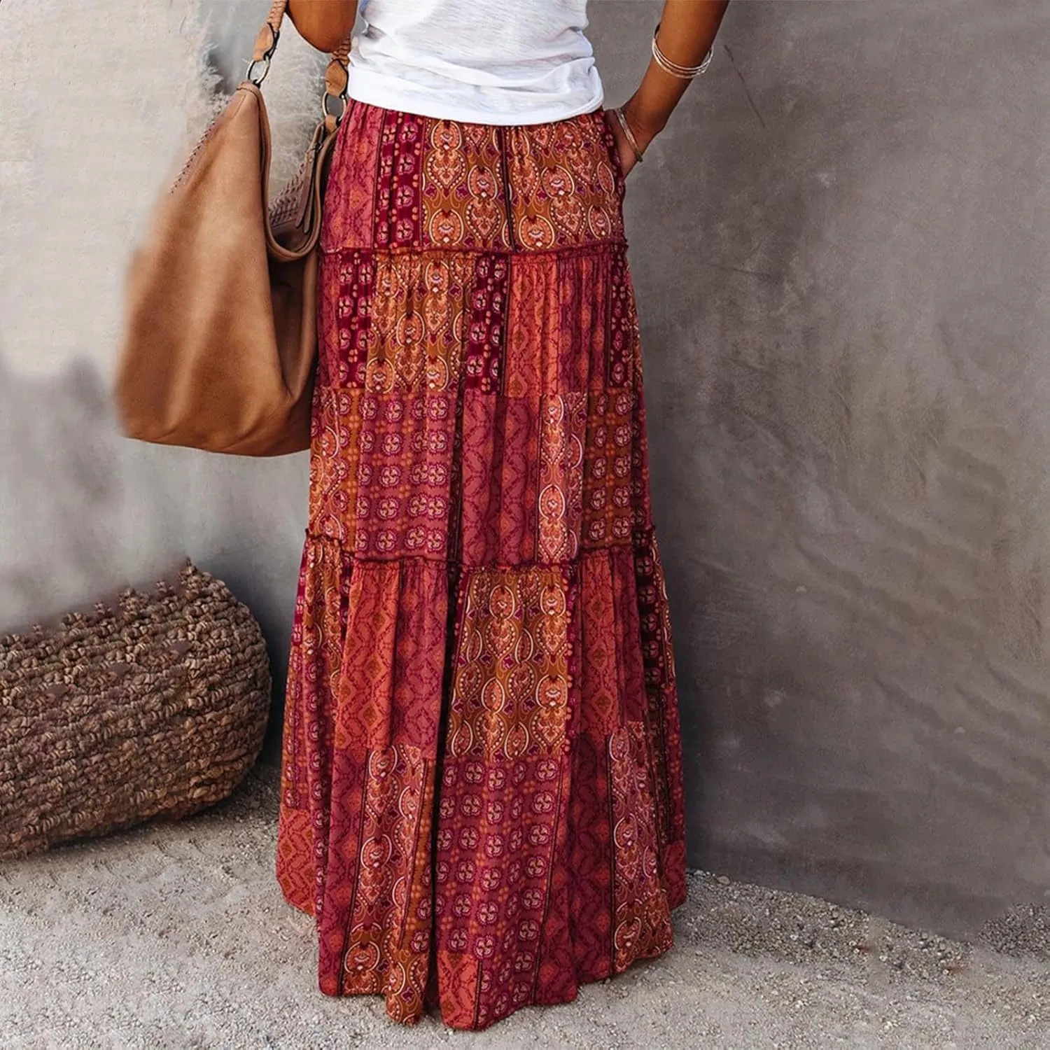 Womens Bohemian Maxi Skirts Elastic High Waisted Flowy Skirt Summer Casual Pleated Long Dresses with Pockets