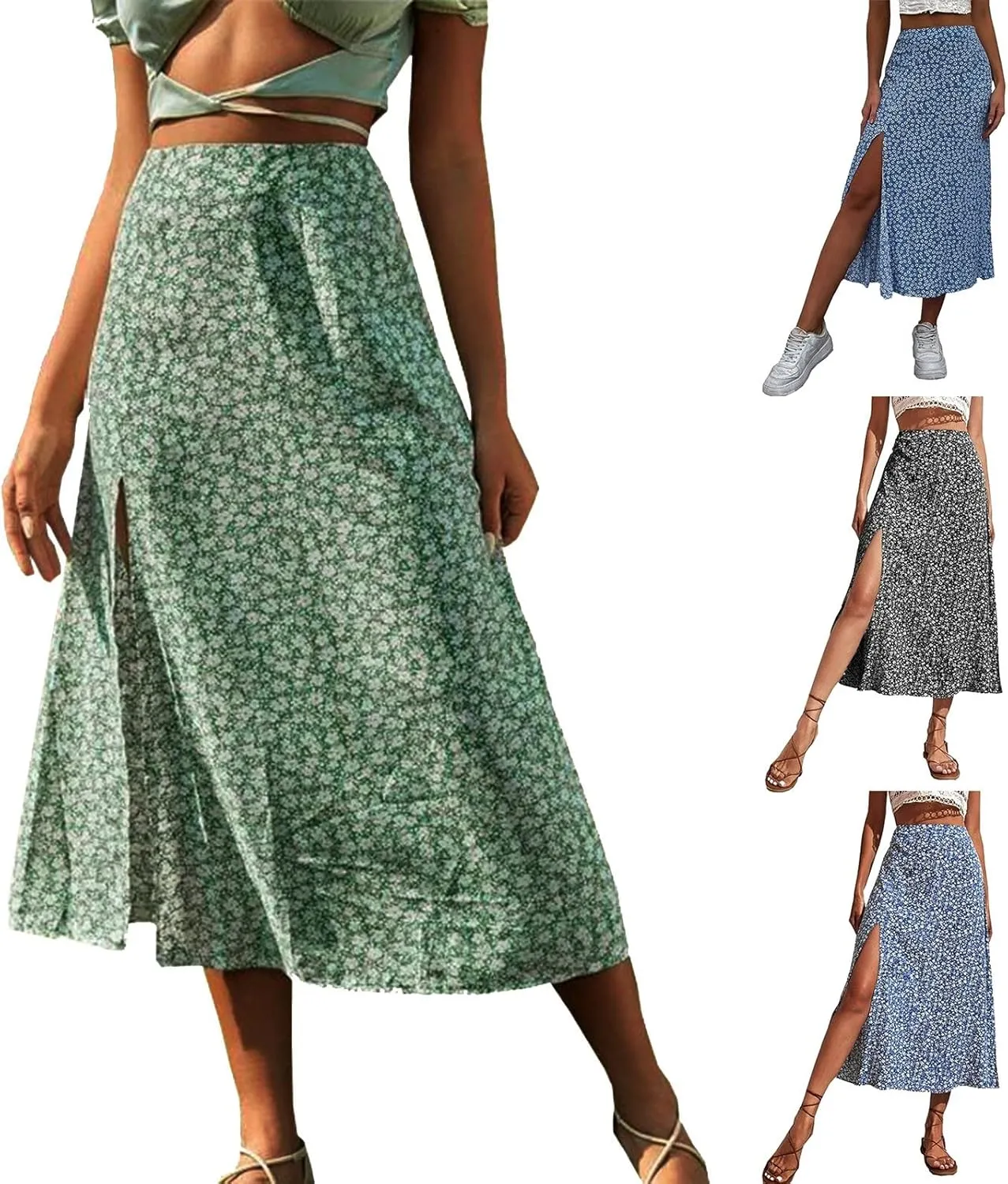 Women's Boho Floral Dresses 2025 Spring Summer Flowy Casual Dress Trendy High Waist A Line Split Midi Skirt