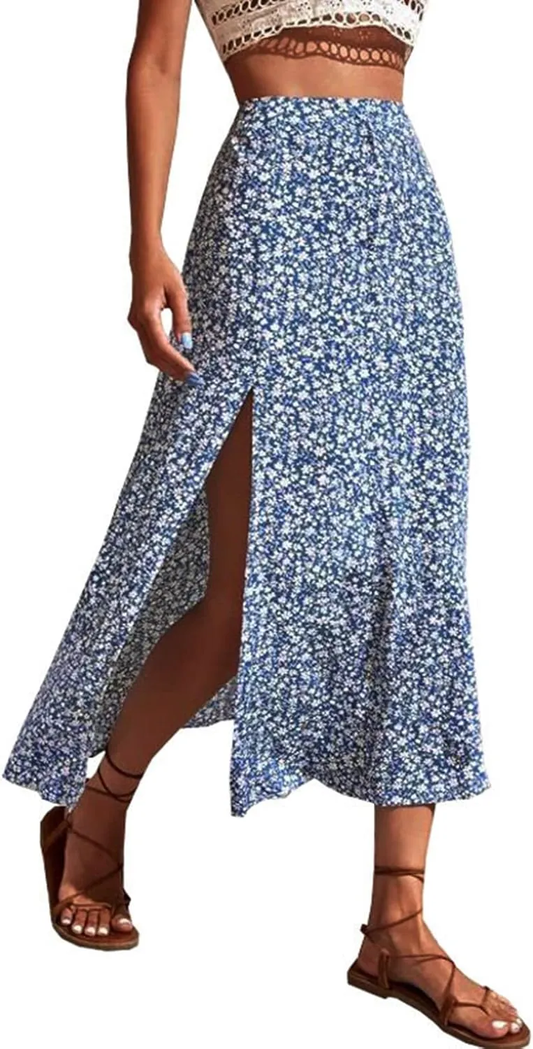 Women's Boho Floral Dresses 2025 Spring Summer Flowy Casual Dress Trendy High Waist A Line Split Midi Skirt