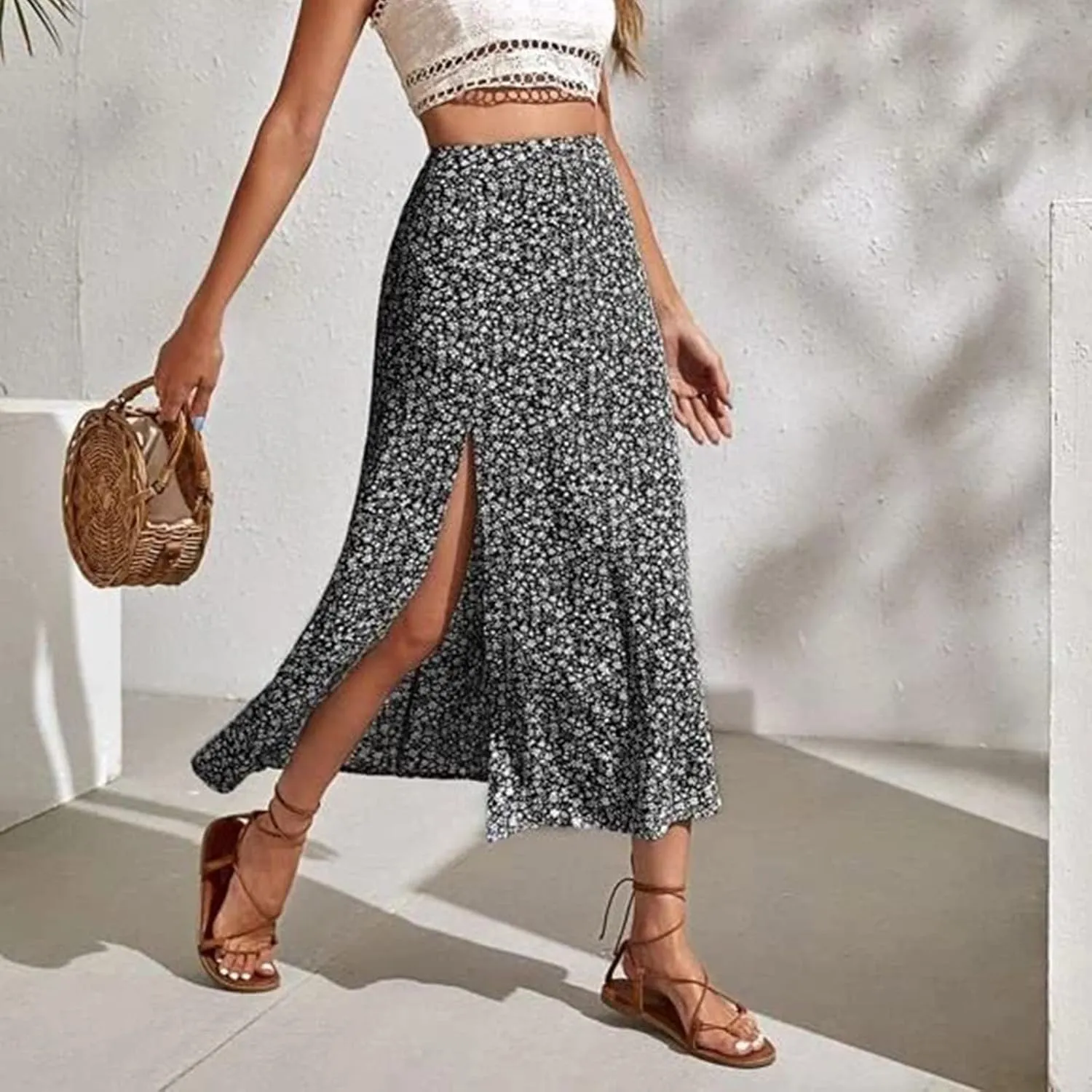 Women's Boho Floral Dresses 2025 Spring Summer Flowy Casual Dress Trendy High Waist A Line Split Midi Skirt