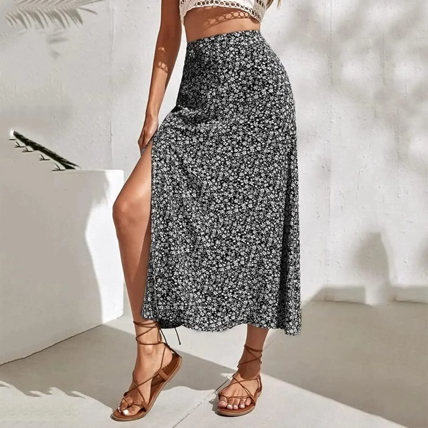 Women's Boho Floral Dresses 2025 Spring Summer Flowy Casual Dress Trendy High Waist A Line Split Midi Skirt