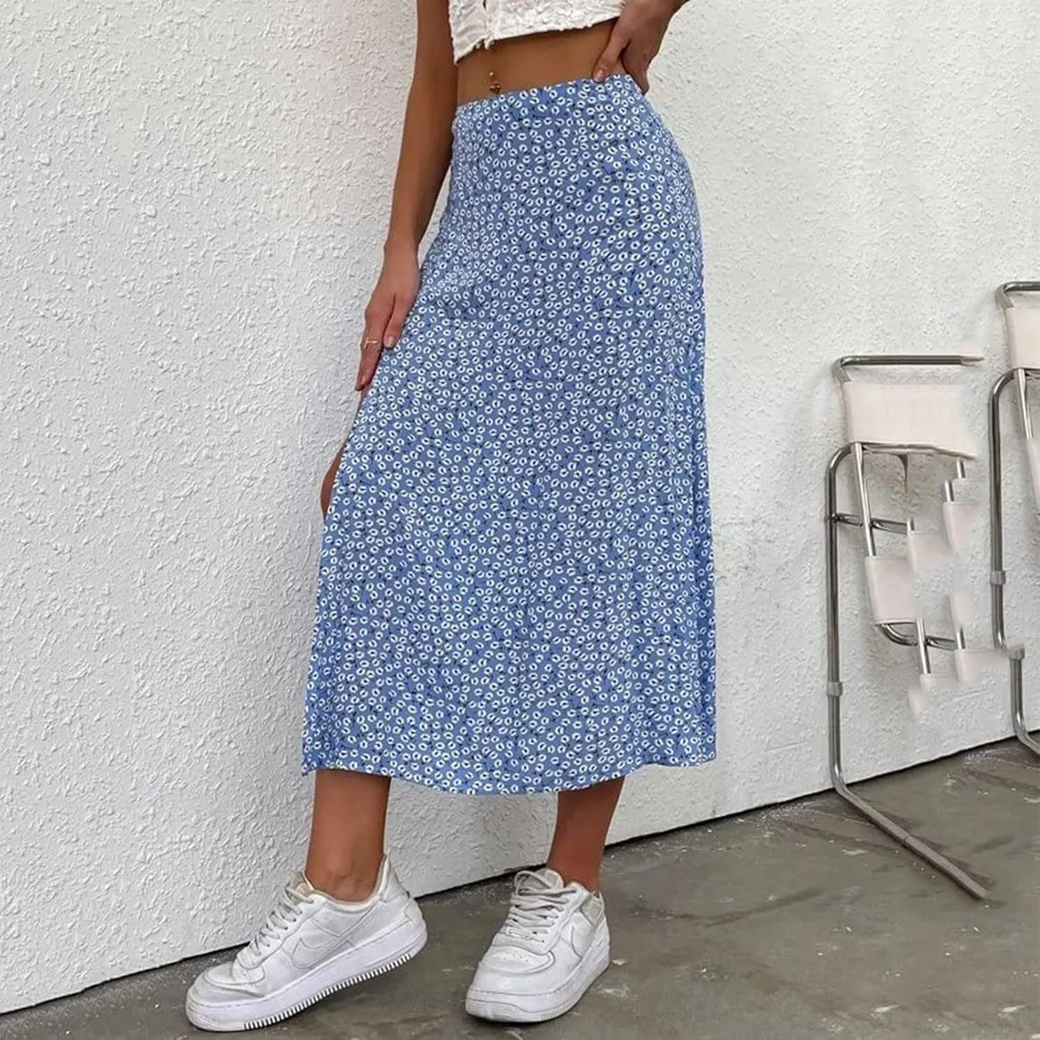 Women's Boho Floral Dresses 2025 Spring Summer Flowy Casual Dress Trendy High Waist A Line Split Midi Skirt