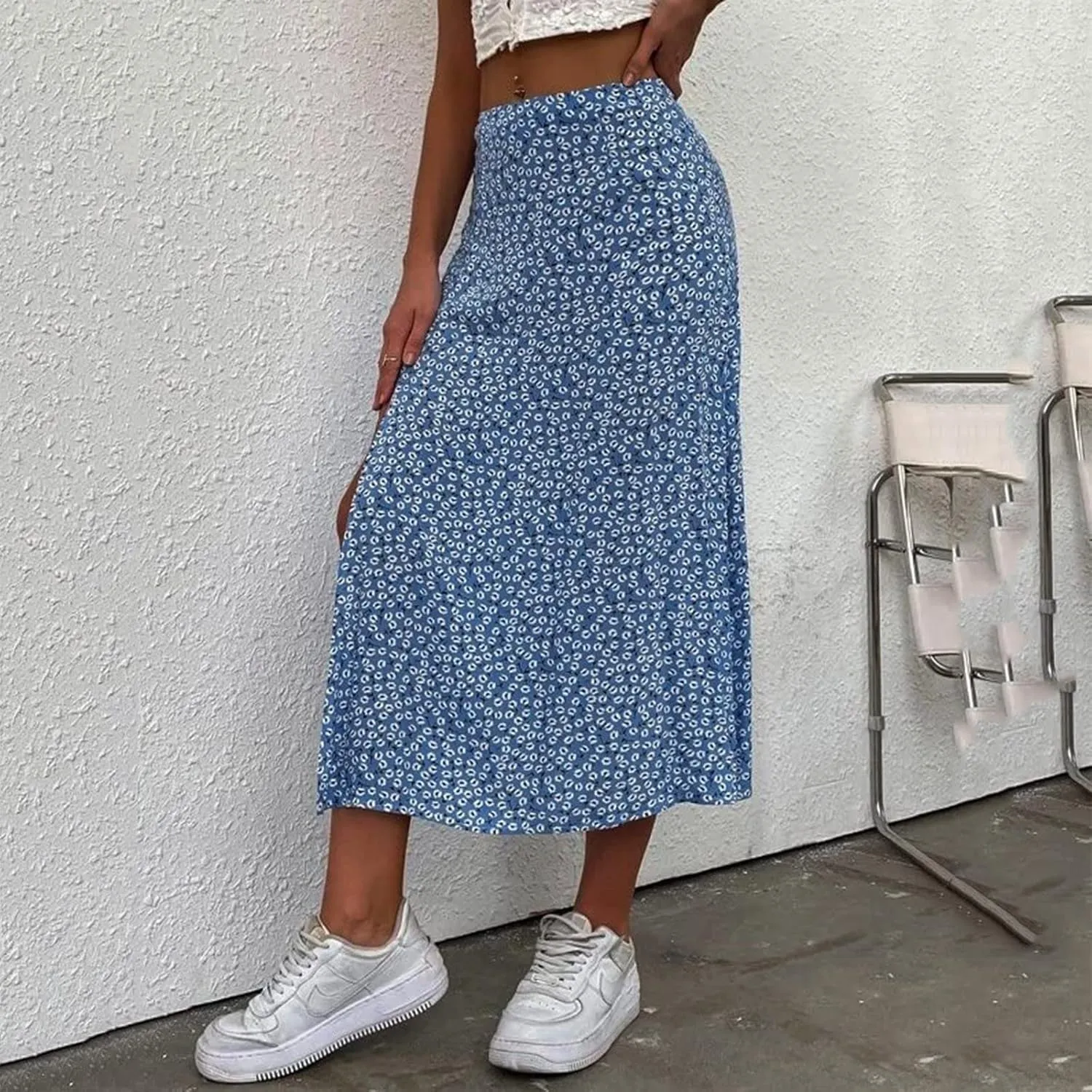 Women's Boho Floral Dresses 2025 Spring Summer Flowy Casual Dress Trendy High Waist A Line Split Midi Skirt