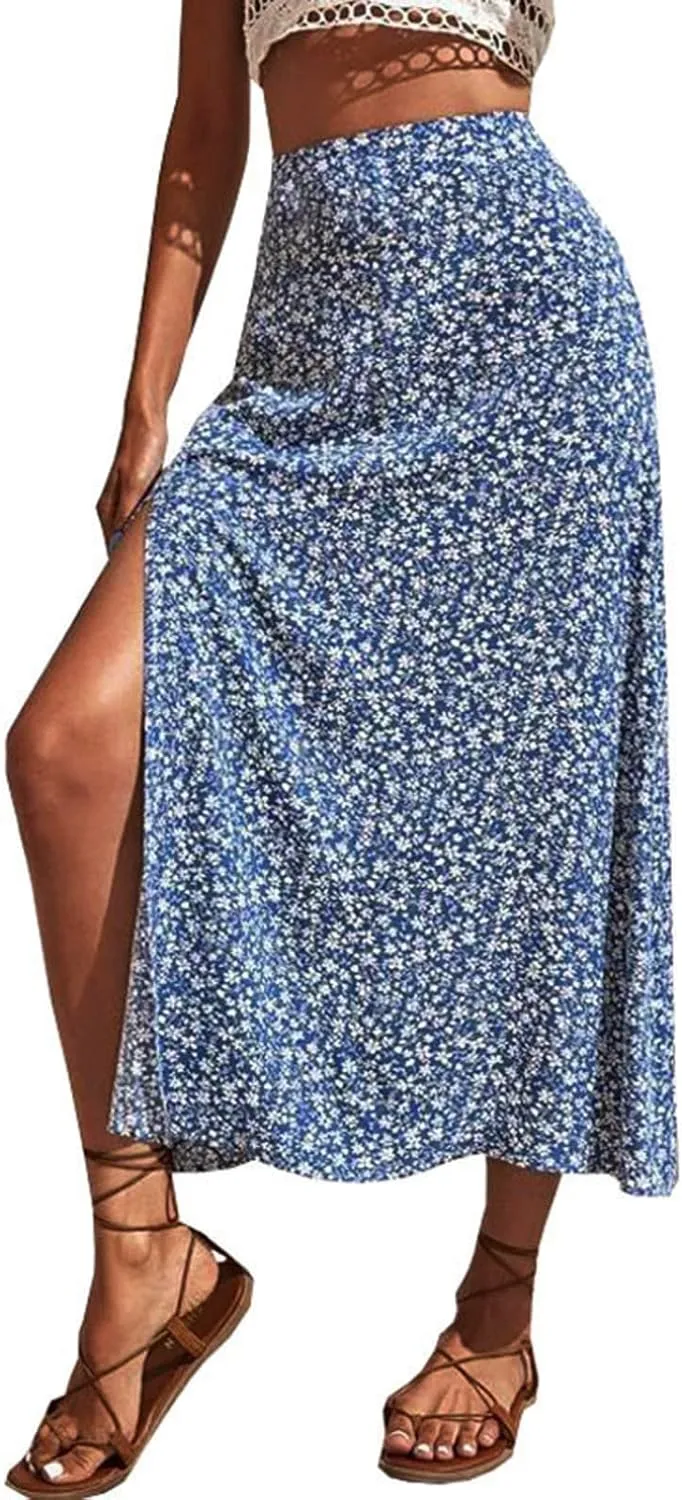 Women's Boho Floral Dresses 2025 Spring Summer Flowy Casual Dress Trendy High Waist A Line Split Midi Skirt
